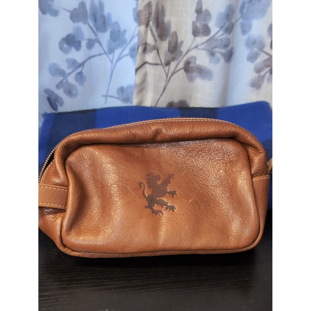Heritage Gear Brown Pebbled Leather Dopp Kit Travel Toiletry Bag Griffin Logo